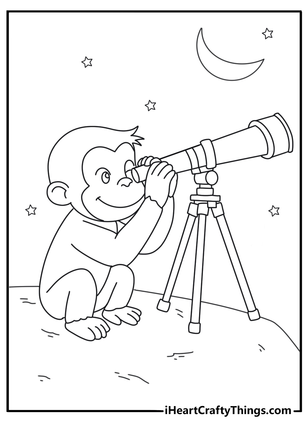 Curious George coloring pages for kids with George looking through a telescope at night
