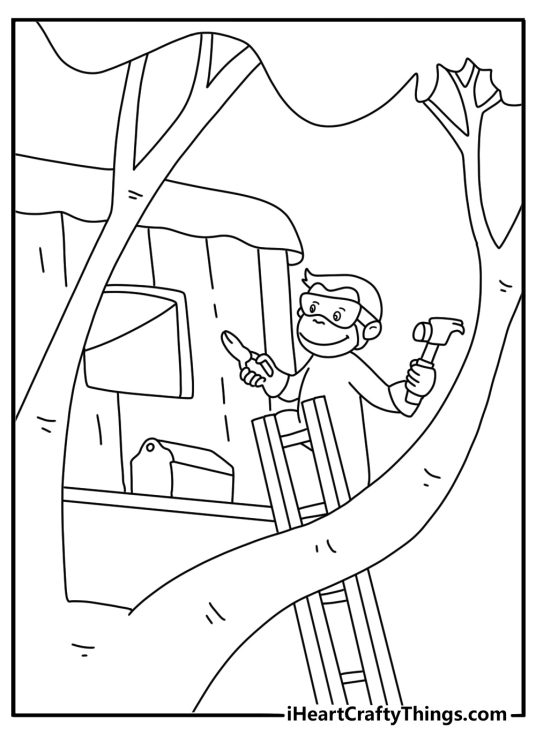 Curious George coloring pages scene with George climbing a ladder to a treehouse