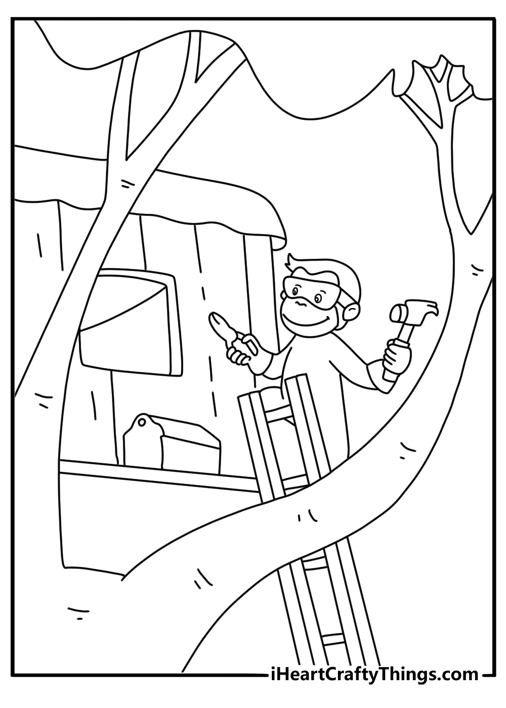 Curious George coloring pages scene with George climbing a ladder to a treehouse