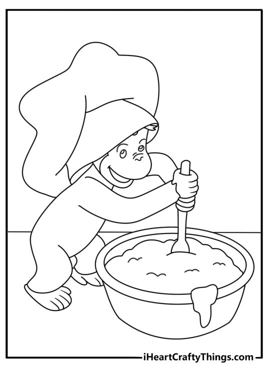 Curious George coloring pages scene with George helping in a bakery