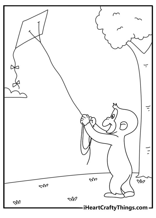 Curious George coloring sheet with George flying a kite near a tree