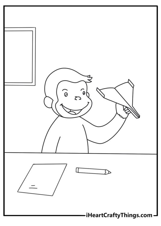 Curious George coloring sheet with George making a paper airplane at a desk