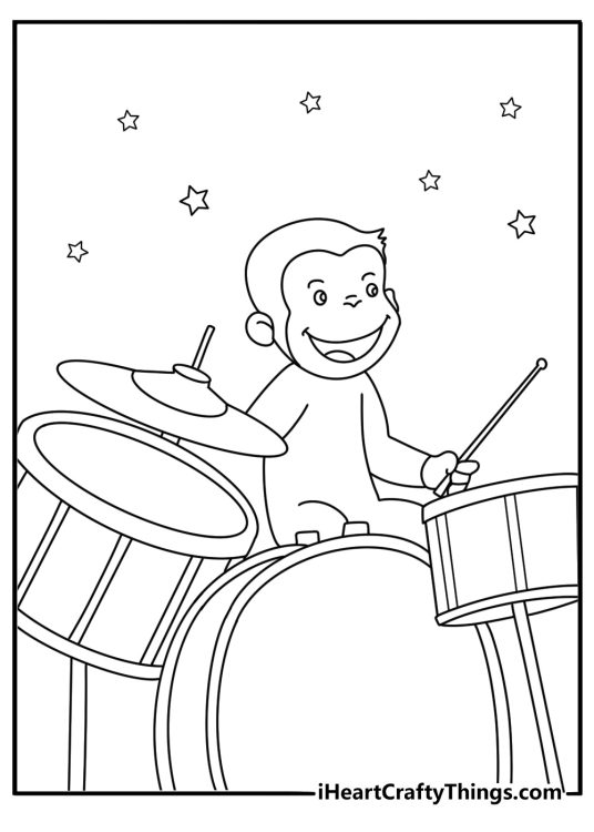 Curious George coloring sheet with George playing a drum in a music room