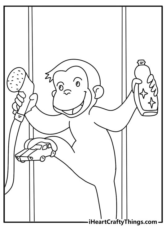 Curious George coloring sheet with George washing a car with a sponge