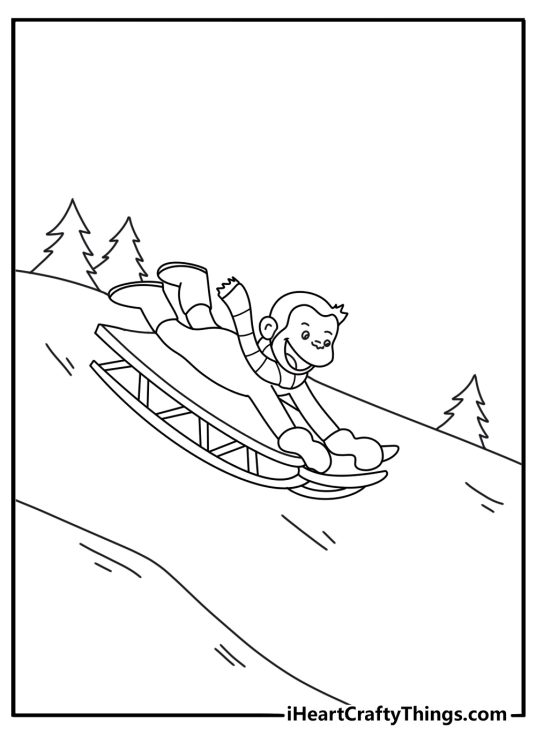 Curious George printable for kids with George riding a sled down a snowy hill