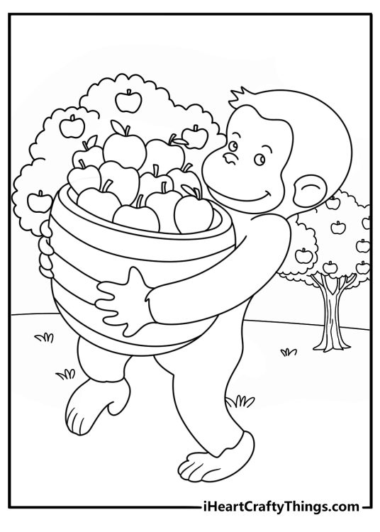 Curious George printable with George carrying a basket of apples at an orchard