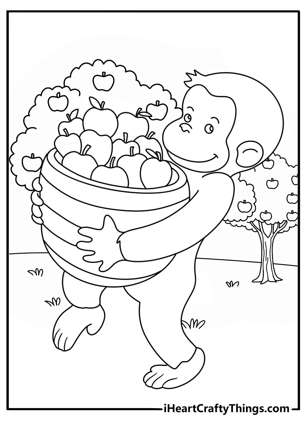 Curious George printable with George carrying a basket of apples at an orchard