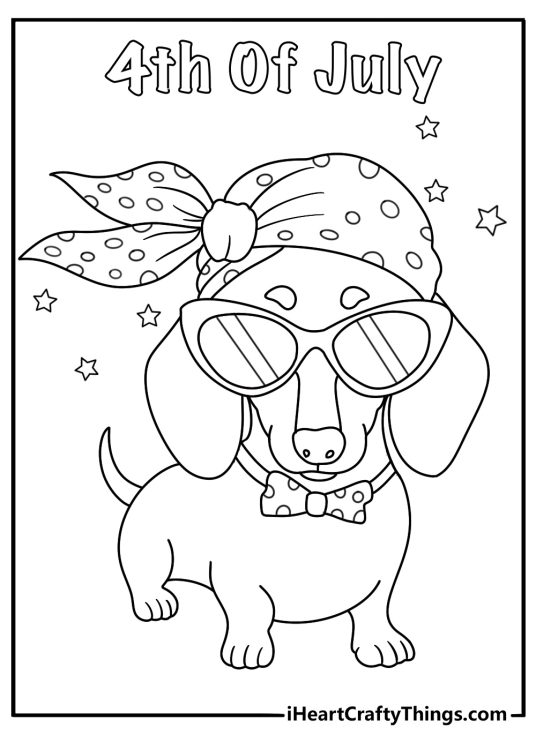 Cute 4th of July coloring page with a dog wearing a bow tie and bandana