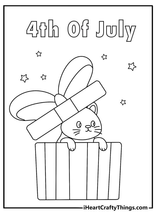 Cute 4th of July printable with a cat inside a striped gift box