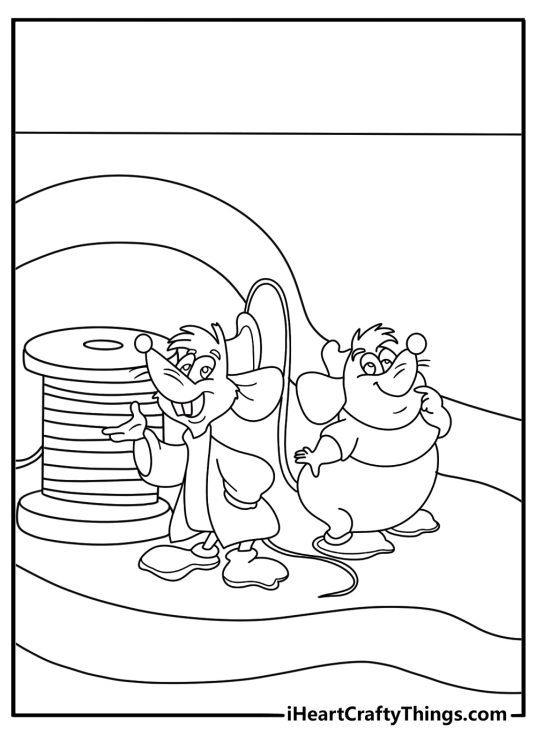 Cute Cinderella coloring page with Gus and Jaq carrying ribbon and thread