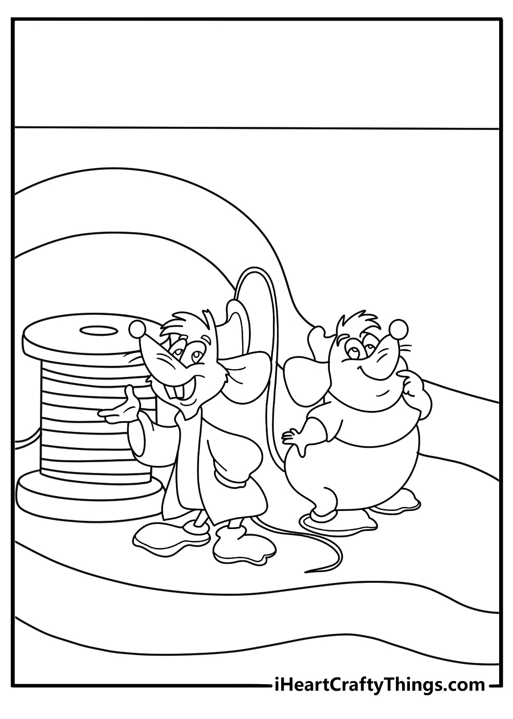 Cute Cinderella coloring page with Gus and Jaq carrying ribbon and thread
