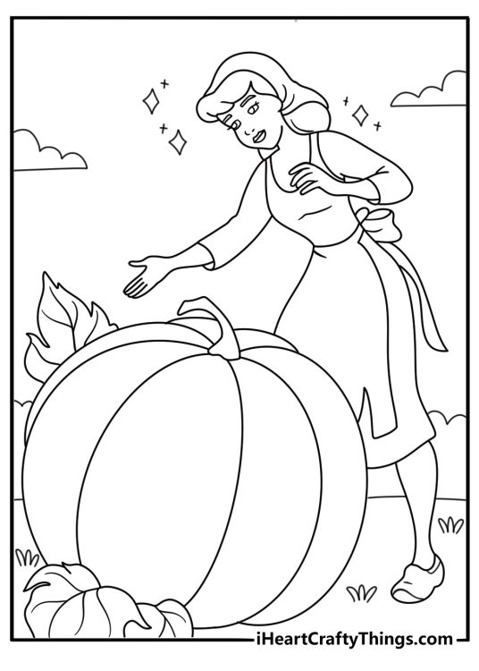 Cute Cinderella coloring page with a pumpkin and magic sparkles near the garden