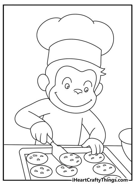 Cute Curious George coloring page with George baking cookies in a kitchen