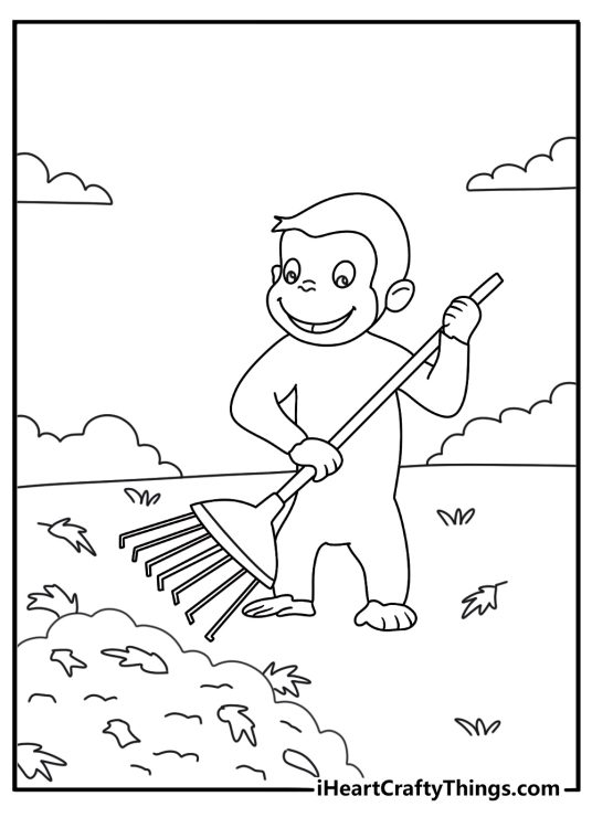 Cute Curious George coloring sheet with George raking leaves into a pile
