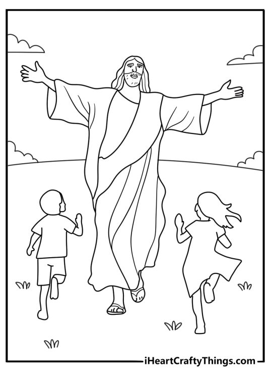 Cute Jesus coloring page with Jesus welcoming little children near a path 1