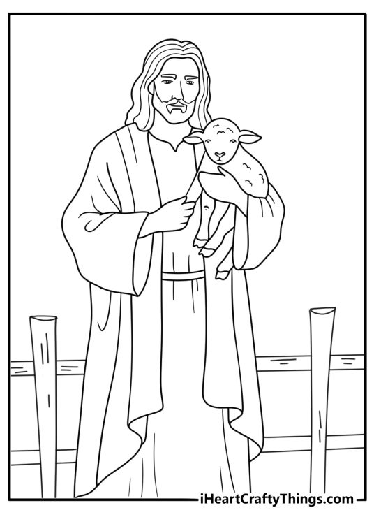 Cute Jesus coloring sheet with Jesus holding a lamb near a fence 1