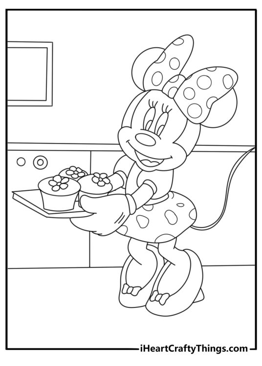 Cute Minnie Mouse baking cupcakes in kitchen printable coloring sheet
