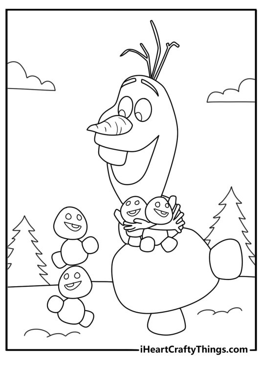 Cute Olaf hugging a small snowgie simple coloring sheet for kids