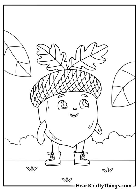 Cute acorn coloring page with tiny face and small boots walking on forest path