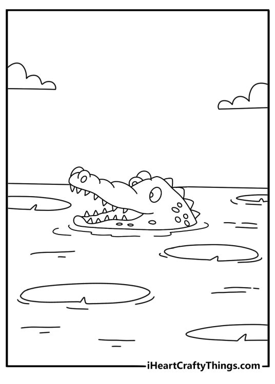 Cute alligator coloring pages with a young gator peeking from lily pads