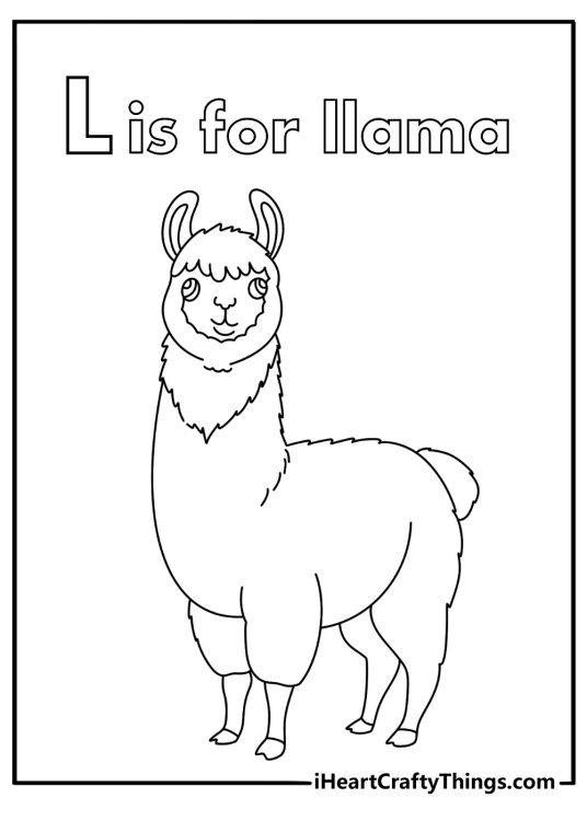 Cute alphabet coloring page with letter L and a friendly llama