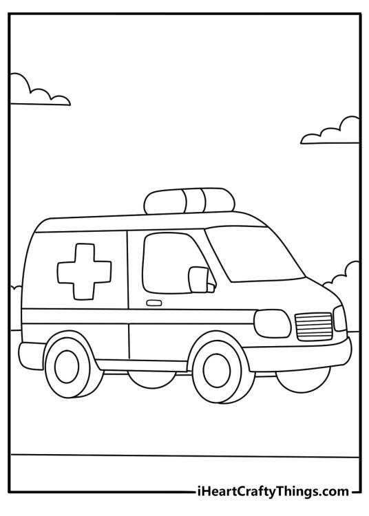 Cute ambulance coloring page with big headlights and a medical cross on the door