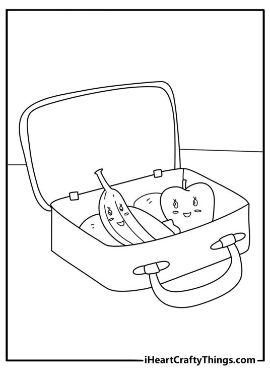 Cute banana coloring page with a small fruit tucked inside a lunch bag
