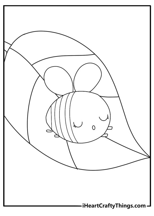 Cute bee coloring pages design with a baby bee sleeping on a leaf
