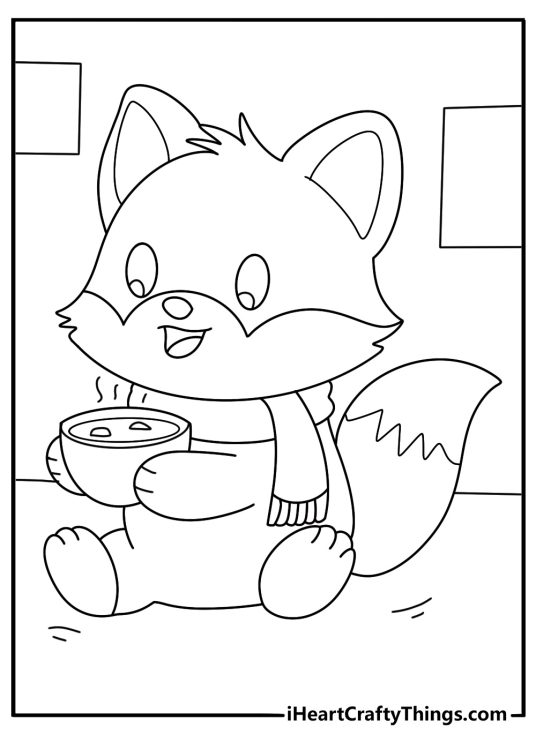 Cute fox with scarf sipping soup printable coloring sheet for kids