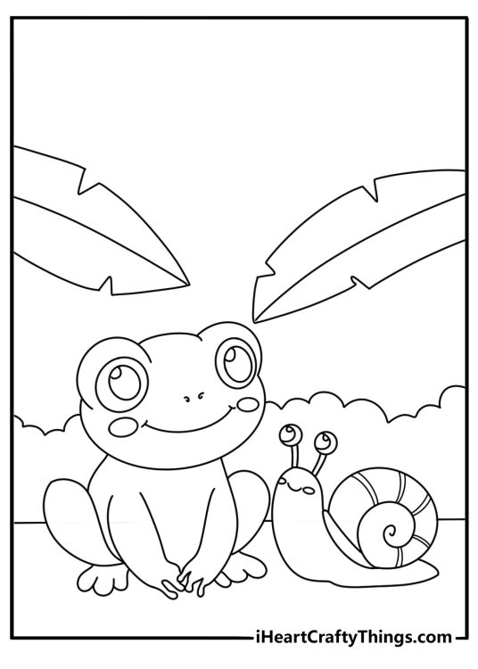 Cute frog coloring page with a baby frog beside a snail