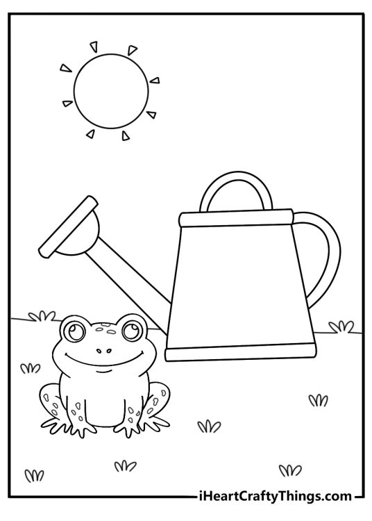 Cute frog coloring sheet with a tiny frog beside a watering can