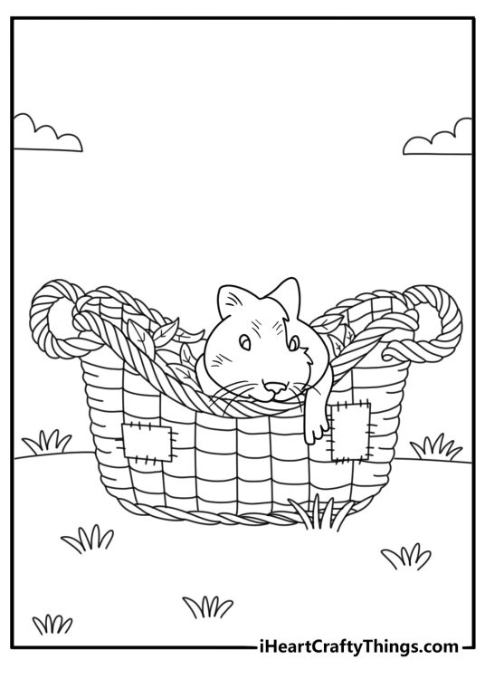 Cute guinea pig coloring page featuring a baby pet near a wicker basket