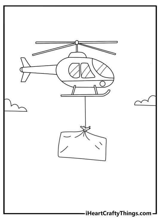 Cute helicopter coloring page with a small helicopter carrying a mail bag