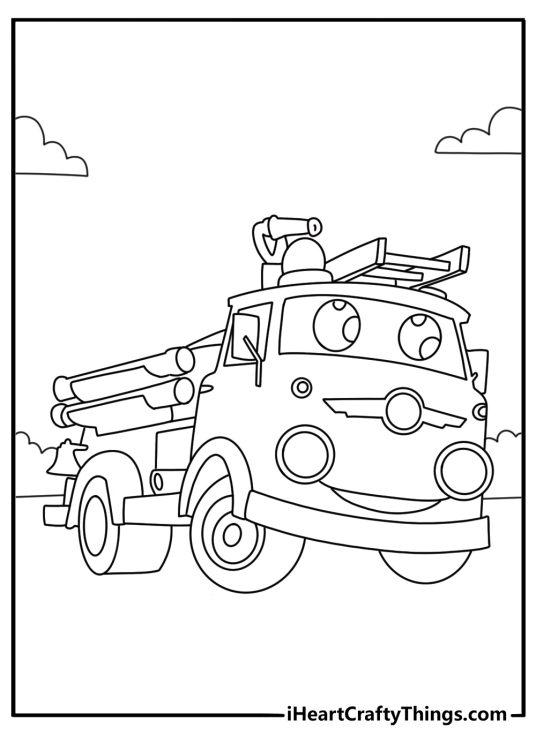 Cute kawaii fire truck coloring sheet with rounded shapes and big headlights
