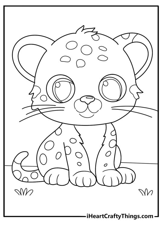 Cute kawaii jaguar coloring page with round eyes and small tail