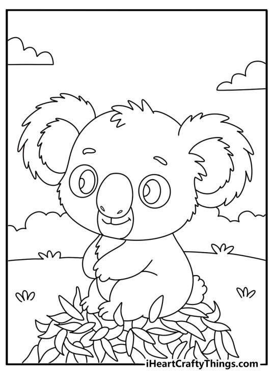 Cute kawaii koala coloring sheet with round koala sitting in pile of eucalyptus leaves