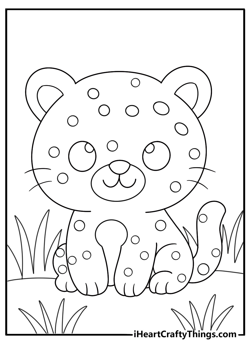 Cute kawaii leopard cub hiding behind tall grass simple coloring sheet for kids