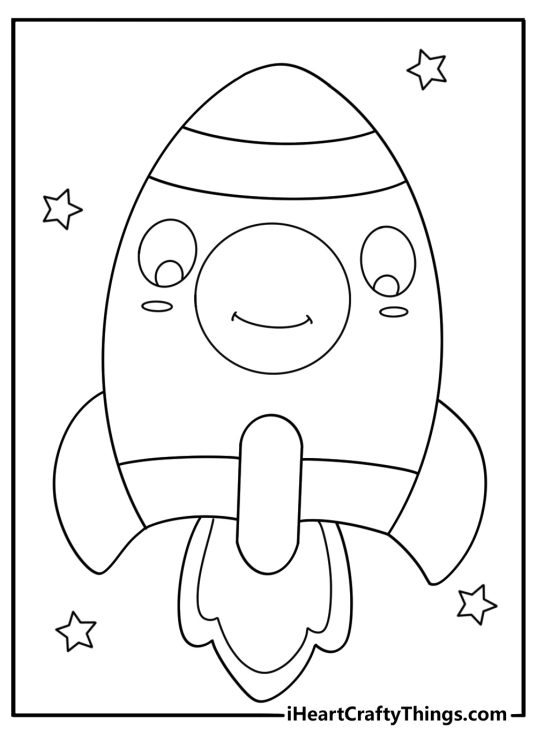 Cute kawaii spaceship with round body and small fins simple coloring sheet for kids