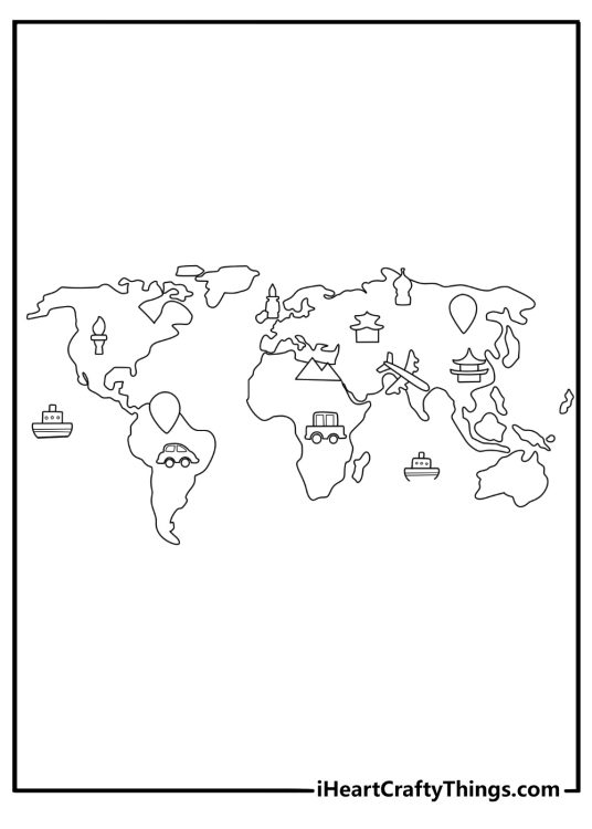 Cute kawaii world map coloring sheet with small landmark icons across continents