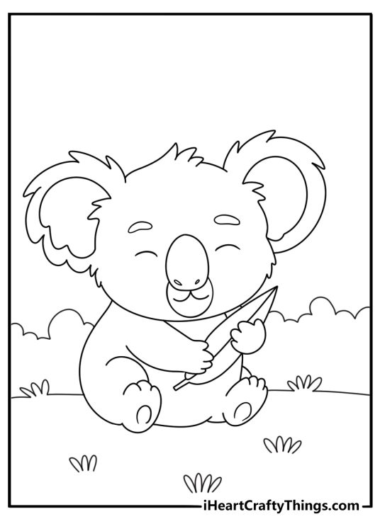 Cute koala coloring page with koala hugging big eucalyptus leaf