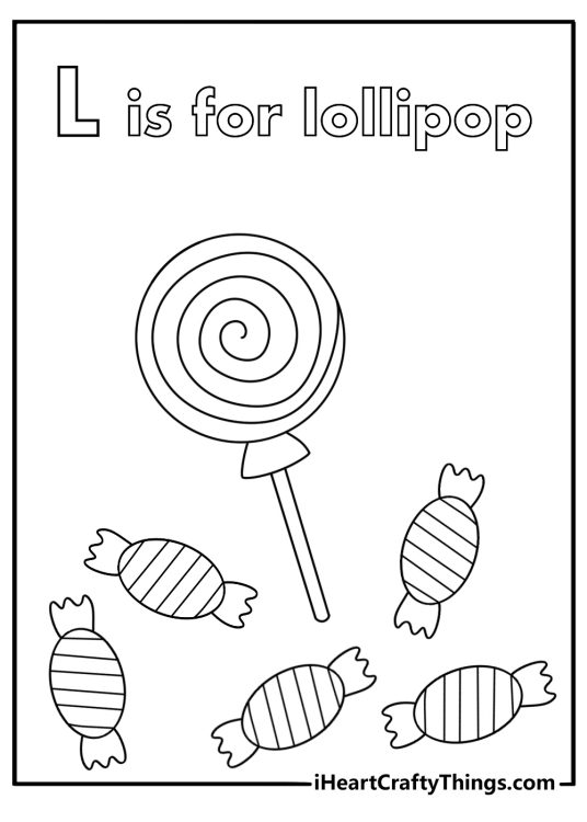 Cute letter L printable with a lollipop and wrapped candy