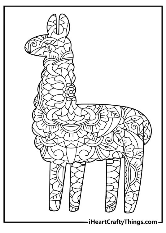 Cute llama mandala coloring page with floral pattern for adults
