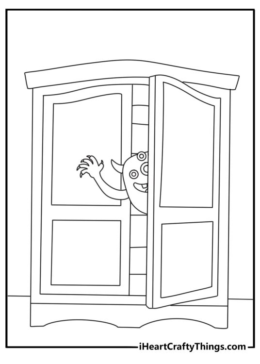 Cute monster coloring page with a tiny beast peeking from a closet door