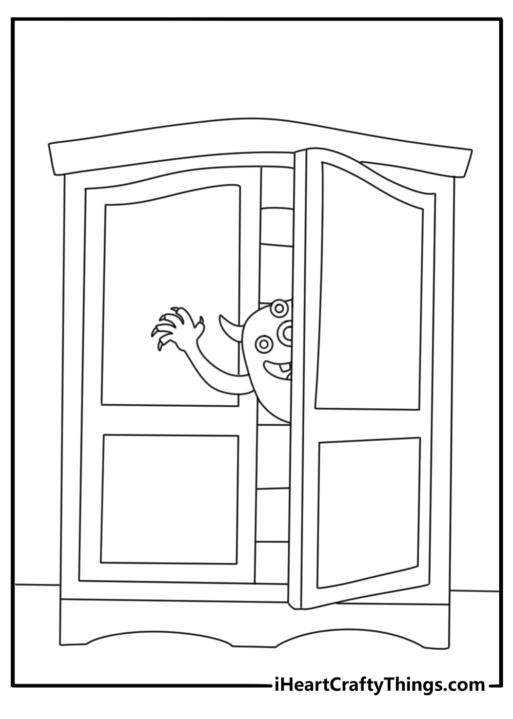 Cute monster coloring page with a tiny beast peeking from a closet door
