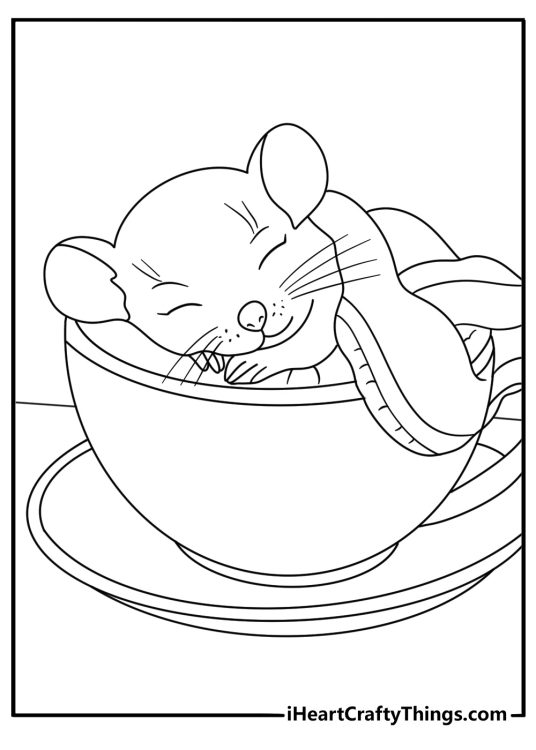 Cute mouse coloring page with a baby mouse sleeping in a teacup