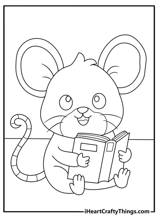 Cute mouse coloring page with a mouse reading a tiny book
