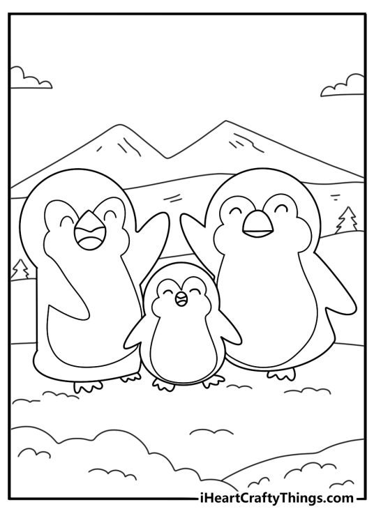 Cute penguin family on January snowfield coloring page