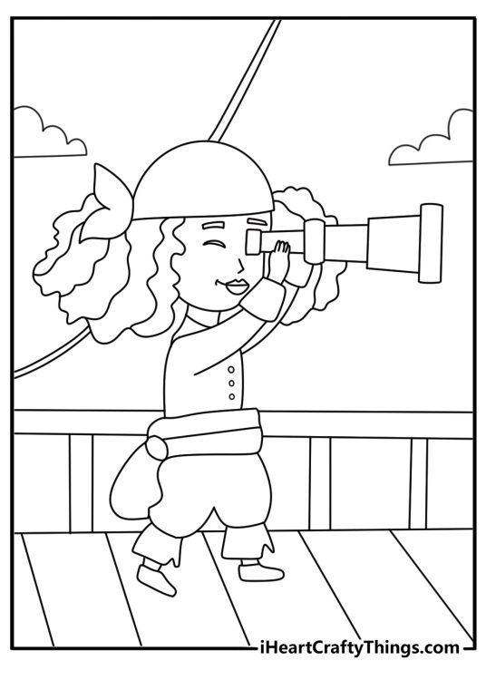 Cute pirate coloring pages showing a girl pirate looking through a spyglass