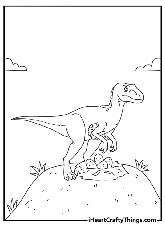 Cute velociraptor coloring page with a young raptor beside a nest