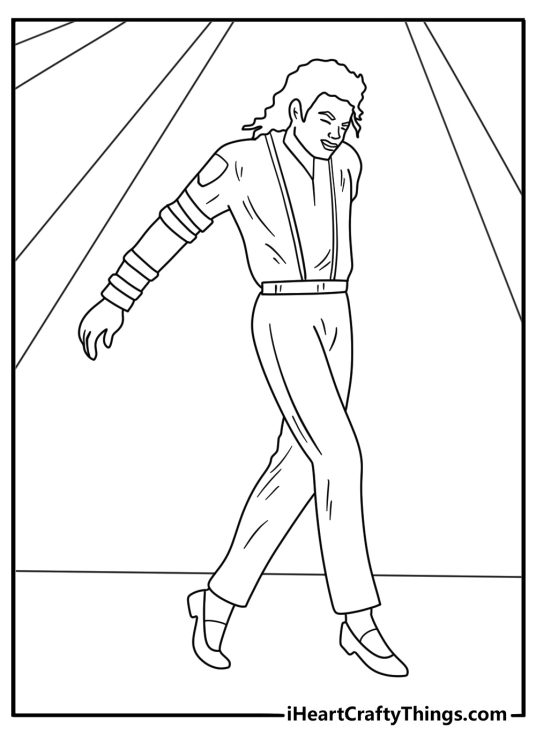 Dancing Michael Jackson coloring pages with the singer spinning beside stage lights